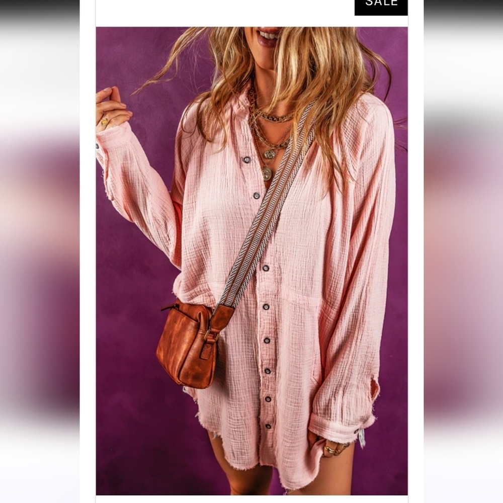 OVERSIZED crinkled frayed hem tunic shirt,  pink, unbranded